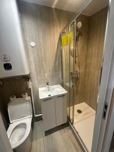 a small bathroom with a toilet and a shower at Maison Inviduelle in Aulnay-sous-Bois
