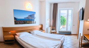 a hotel room with a bed and a large window at Hotel Villa Clara in Nago-Torbole