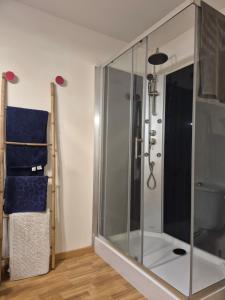 a glass shower in a bathroom with blue towels at Manoir des Nobles Cœurs et Spa in Saint-Donan +49 photos