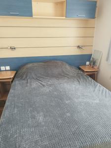 a bedroom with a bed with a gray blanket at Chez François in Crouay