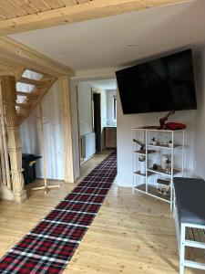 a living room with a flat screen tv on the wall at Cabana Arini 1954 in Vişeu de Jos