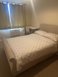 a bedroom with a bed with polka dot sheets at Edney Court in Reading
