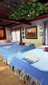 two beds in a room with blue sheets at Bambito´s Café & Hostel in Cerro Punta