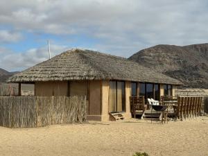 a small hut with chairs and a thatched roof at Pan de Azúcar Lodge in Ciudad de Chañaral