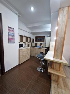 a kitchen with a desk and a chair in a room at Dixi Studio in Timişoara +2 photos