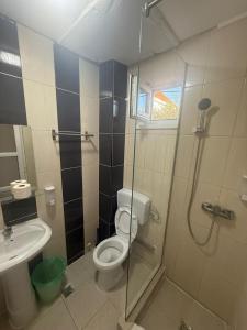 a bathroom with a shower and a toilet and a sink at Casa Maria in Vama Veche +70 photos