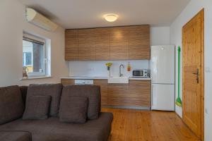 a living room with a couch and a kitchen at Pr' Sokrat in Radovljica +15 photos