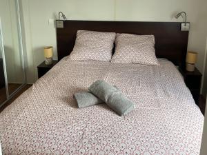 a bed with two pillows on top of it at Camping le petit RIO in Noyelles-sur-Mer