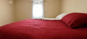 a red bed with a red blanket and a window at ML in Navarro