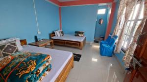 a blue room with two beds and a window at Chamling Retreat in Kalimpong
