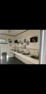 a bathroom with three sinks and a row of mirrors at Camping de Koaipleats in Akkerwoude