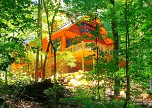 a large wooden house in the middle of a forest at Timber Ridge in Franklin