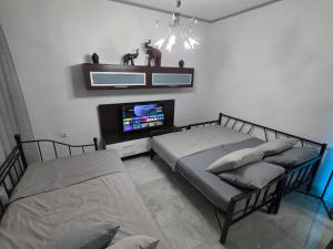 a bedroom with two beds and a flat screen tv at Rosemary Guesthouse in Kavála