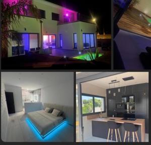 a house with a bed and a kitchen and a house with purple lights at Villa luxueuse Piscine Chauffée & SPA in Villetelle
