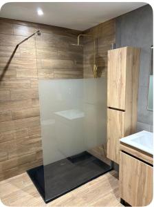 a glass shower in a bathroom with a sink at Logement centre ville in Saint-Dizier