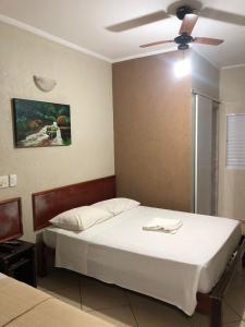 a bedroom with a bed and a ceiling fan at Hotel Paranoá in Jabuticabal