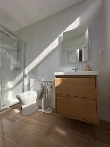 a bathroom with a toilet and a sink and a shower at Douro Surf Hostel in Vila Nova de Gaia +118 photos