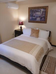 a bedroom with a large white bed with a lamp at Yellow Leaf Suite in West End