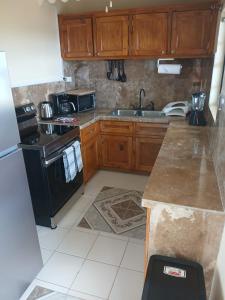 a kitchen with wooden cabinets and a black stove top oven at Yellow Leaf Suite in West End