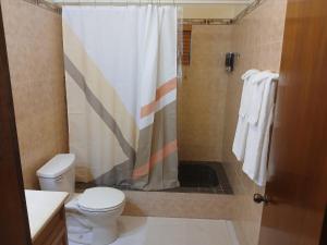 a bathroom with a shower with a toilet and a shower curtain at Yellow Leaf Suite in West End