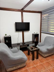 a living room with two chairs and a flat screen tv at Vikendice Garić in Veliko Gradište