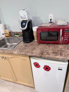 a kitchen counter with a microwave on top of a refrigerator at Ideal Bachelor Suite For Couples in Aurora in Aurora