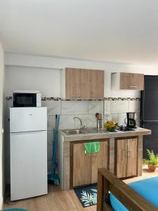 a kitchen with wooden cabinets and a white refrigerator at Instant Locatif in Gourbeyre