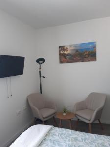 a bedroom with two chairs and a tv and a bed at B&B Casa Mama in Brugge in Bruges