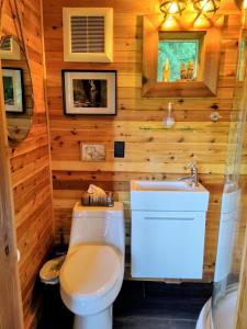 a bathroom with a toilet and a sink at Owl's Perch Treehouse in Sooke +15 photos