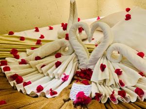a wedding cake with swans made out of roses at Pousada Ybitu in São Miguel do Gostoso +18 photos