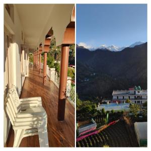 two pictures of a house with a white chair on a balcony at Trance Himalaya in Gupta Kāshi