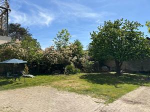 a garden with a tree and a table and an umbrella at Le Cerisier in Giverny +5 photos