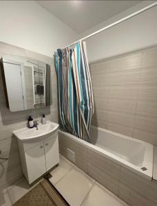 a bathroom with a sink and a tub and a mirror at Apartament cu 2 camere decomandate in Roşu