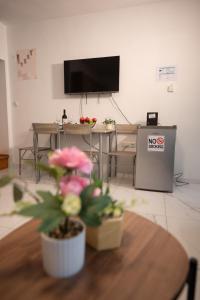 a living room with a table and a tv at Aegean View Summer House 1 in Nea Kallikrateia