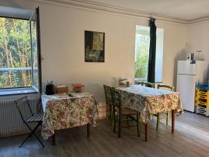 a kitchen with two tables and chairs and a refrigerator at The Casa Blu dependance La Casa Gialla in Tricesimo +33 photos