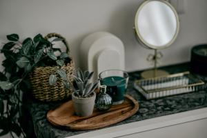 a bathroom counter with a wooden tray with plants and a mirror at Willa Piryt - Kryształowe Wille Krynica Morska in Krynica Morska +142 photos
