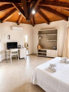 a bedroom with a bed and a desk and a television at Borgo di Riaci Beach Resort in Santa Domenica