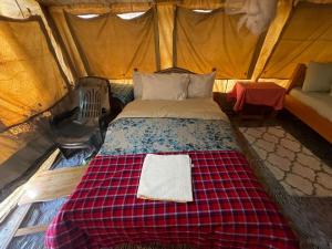 a bed in a tent with a towel on it at Treasure camp in Maasai Mara National Reserve +13 photos