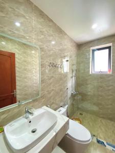 a bathroom with a sink and a toilet and a mirror at Thành Đạt Homestay Cát Bà in Cat Ba +14 photos