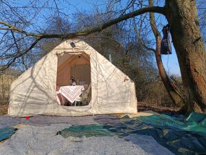 a person sitting in a tent under a tree at Baťův kanál Babice1 glamping in Babice