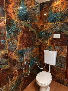 a bathroom with a toilet and a marble wall at SH Valley Homestay in Srinagar