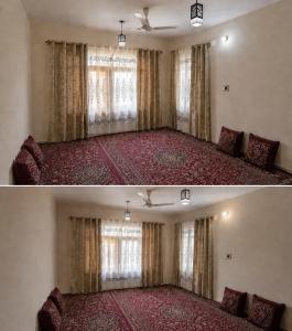 two pictures of a room with a bed with curtains at SH Valley Homestay in Srinagar
