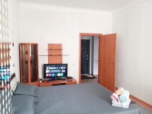 a bedroom with a bed with a tv and a doll at Абай2 169 in Astana