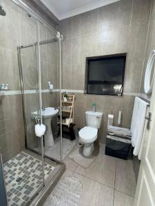 a bathroom with a toilet and a sink and a tv at The Well Apartments in Mbabane