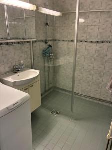 a bathroom with a shower and a sink at Huoneisto Vipunen in Savonlinna