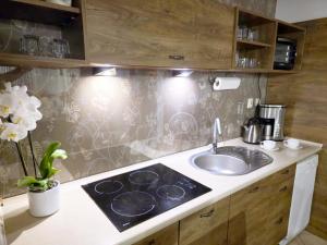 a kitchen with a sink and a counter top at Diament Rogowo in Rogowo +82 photos