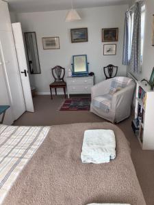ein Schlafzimmer mit Bett, Stuhl und Schreibtisch in der Unterkunft Snipe Vineyard Cottage in Woodbridge