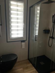 a bathroom with a shower and a toilet and a window at Chambre d'hôtes de la Riaille 400 m de la dolce via in Le Cheylard