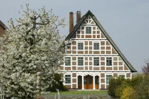 an old house with flowering trees in front of it at Diekstuv Hotel in Jork +16 photos