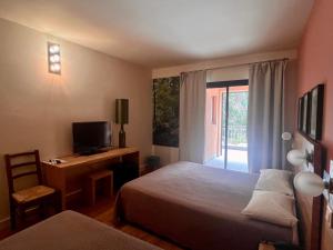 ein Schlafzimmer mit einem Bett und einem Schreibtisch mit Fernseher in der Unterkunft Logis Hotel Le Lonca in Porto Ota + 35 Fotos